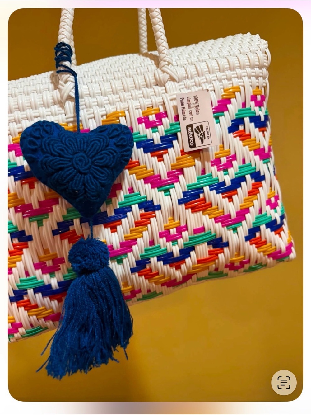 Handwoven White Multicolor Straw Tote with Blue Tassel